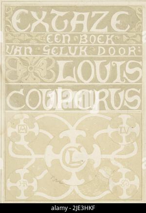 Banddesign für: Louis Couperus, Extaze: A Book of Happiness, 1894, Dekorative Schriftzüge mit floralen Motiven. Unten vier Kreise, die unter anderem die Monogramme von Louis Couperus und Richard Roland Holst enthalten., Druckerei: Richard Nicolaüs Roland Holst, (auf Objekt erwähnt), in oder vor 1894, Papier, Höhe 210 mm × Breite 157 mm Stockfoto