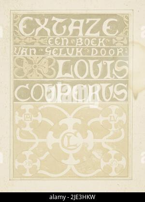 Banddesign für: Louis Couperus, Extaze: A Book of Happiness, 1894, Dekorative Schriftzüge mit floralen Motiven. Unten vier Kreise, die unter anderem die Monogramme von Louis Couperus und Richard Roland Holst enthalten., Druckerei: Richard Nicolaüs Roland Holst, (auf Objekt erwähnt), in oder vor 1894, Papier, Höhe 320 mm × Breite 217 mm Stockfoto