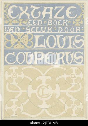 Banddesign für: Louis Couperus, Extaze: A Book of Happiness, 1894, Dekorative Schriftzüge mit floralen Motiven. Unten vier Kreise, die unter anderem die Monogramme von Louis Couperus und Richard Roland Holst enthalten., Druckerei: Richard Nicolaüs Roland Holst, (auf Objekt erwähnt), in oder vor 1894, Papier, Höhe 212 mm × Breite 217 mm Stockfoto