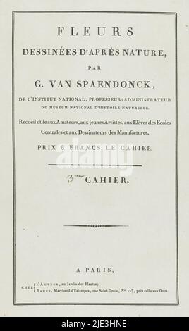 Fleurs dessinées d'après Natur (...) 3ME Cahier (Serientitel auf Objekt), Cover für eine Serie von vier Blumendrucken., Druckerei: Anonym, Verlag: Gerard van Spaendonck, (auf Objekt erwähnt), Verlag: Jacques-Louis Bance, (auf Objekt erwähnt), Paris, 1799 - 1801, Papier, Buchdruck, Höhe 525 mm × Breite 346 mm Stockfoto