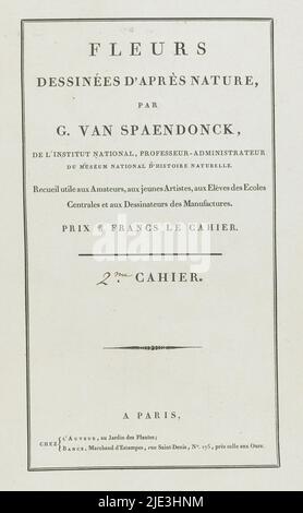 Fleurs dessinées d'après Natur (...) 2ME Cahier (Serientitel auf Objekt), Cover für eine Serie von vier Blumendrucken., Druckerei: Anonym, Verlag: Gerard van Spaendonck, (auf Objekt erwähnt), Verlag: Jacques-Louis Bance, (auf Objekt erwähnt), Paris, 1799 - 1801, Papier, Buchdruck, Höhe 521 mm × Breite 359 mm Stockfoto