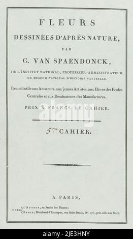 Fleurs dessinées d'après Natur (...) 5ME Cahier (Serientitel auf Objekt), Cover für eine Serie von vier Blumendrucken., Druckerei: Anonym, Verlag: Gerard van Spaendonck, (auf Objekt erwähnt), Verlag: Jacques-Louis Bance, (auf Objekt erwähnt), Paris, 1799 - 1801, Papier, Buchdruck, Höhe 528 mm × Breite 344 mm Stockfoto