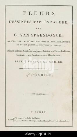 Fleurs dessinées d'après Natur (...) 4ME Cahier (Serientitel auf Objekt), Cover für eine Serie von vier Blumendrucken., Druckerei: Anonym, Verlag: Gerard van Spaendonck, (auf Objekt erwähnt), Verlag: Jacques-Louis Bance, (auf Objekt erwähnt), Paris, 1799 - 1801, Papier, Buchdruck, Höhe 525 mm × Breite 343 mm Stockfoto