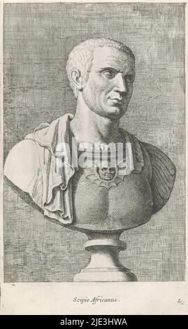 Büste des Scipio Africanus Major, Scipio Africanus (Titel auf Objekt), klassische Büste eines römischen Generals in Brustpanzerung. Rechts unten: L. der Druck ist Teil eines Albums, das eine Reihe von Grafiken nach Skulpturen aus der Sammlung von Gerard Reynst enthält., Druckerei: Hubert Quellinus, Druckerei: Gerard de Lairesse, (abgelehnte Namensnennung), Antwerpen, 1646 - 1670, Papier, Gravur, Höhe 325 mm × Breite 193 mm Stockfoto