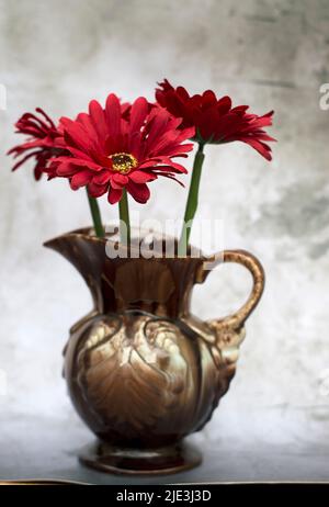 Blumen in einem braunen Krug Stockfoto