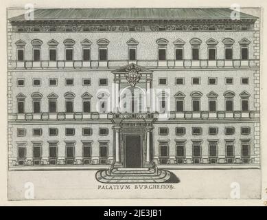 façade des Palazzo Borghese in Rom, Palatium Burghesior (Titel auf Objekt), berühmte Gebäude in Rom und darüber hinaus (Serientitel), Palazzi diversi nel'alma cità di Roma, et altre (Serientitel auf Objekt), Print ist Teil eines Albums., Druckerei: Giacomo Lauro, Verlag: Giovanni Battista de'Rossi, Urbanus VIII, Druckerei: Rom, Herausgeber: Rome, Vaticaanstad, 1638, Papier, Radierung, Höhe 181 mm × Breite 239 mm Stockfoto