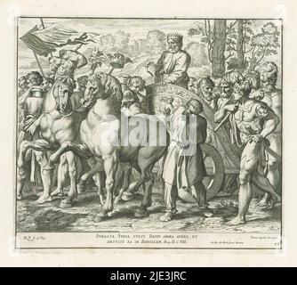 David kehrt triumphierend nach Jerusalem zurück, Raphael Bible (Serientitel), Gemälde in Raphaels Loggia (Serientitel), Imagines Veteris ac Novi Testamenti (Serientitel), König David und seine Soldaten kehren triumphierend nach Jerusalem zurück. David steht auf einem Triumphwagen, der von zwei Pferden gezogen wird. Bibelvers unter dem Bild. Druck ist Teil eines Albums., Druckerei: Pietro Aquila, (auf Objekt erwähnt), nach Zeichnung von: Pietro Aquila, (auf Objekt erwähnt), nach Malerei von: Rafaël, (auf Objekt erwähnt), Druckerei: Italien, nach Zeichnung von: Italien, nach Malerei von: Vaticaanstad, Verlag: Rom, Vaticaa Stockfoto