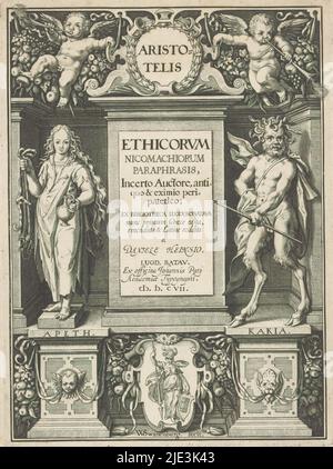 Tugend und Malice, Titelseite zu: Daniel Heinsius, Aristotelis Ethicorum Nicomachiorum paraphrasis, 1607, auf einem Sockel, links die Tugend, die in der einen Hand ein Pferdehalz für Temperament und in der anderen einen Krug hält. Rechts steht Evil, ein Satyr mit Schlangen als Haar. Unten in der Mitte eine Kartusche mit Minerva. Links und rechts über zwei Trompetenputti., Druckerei: Willem Isaacsz. Van Swanenburg, (auf Objekt erwähnt), Verleger: Erven Jan Paets Jacobszoon, (auf Objekt erwähnt), Leiden, 1607, Papier, Gravur, Höhe 185 mm × Breite 137 mm Stockfoto