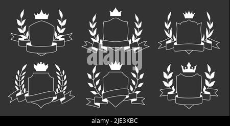 Schild Kranz Band Krone Emblem Banner Glyphe Set. Royal Guard blank Vorlage schützen Garantie Insignien. Schilder Inschrift Auszeichnung alten griechischen Blättern. Militärische Wappenwaffen mittelalterliche Rüstung isoliert Stock Vektor