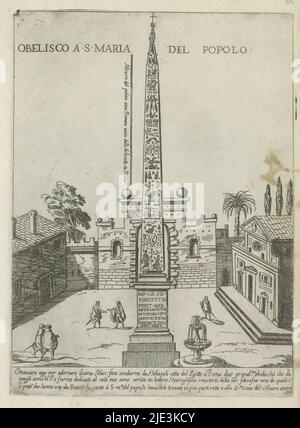 Der ägyptische Obelisk von Ramses II. Auf der Piazza del Popolo in Rom, Obelisco a S. Maria del Popolo (Titel auf Objekt), moderne und antike Denkmäler und Strukturen in Rom (Serientitel), Ornamenti di fabriche antiki et moderni dell' alma Citta di Roma (Serientitel), Text in italienischer Sprache am unteren Rand. Der Druck ist Teil eines Albums., Druckerei: Giovanni Maggi, nach Zeichnung von: Giovanni Maggi, Verleger: Andrea Vaccari, Druckerei: Rom, nach Zeichnung von: Rom, Verleger: Italien, Vaticaanstad, Italien, Rom, 1576 - 1618 und/oder 1600, Papier, Radierung, Höhe 212 mm × Breite 155 mm Stockfoto