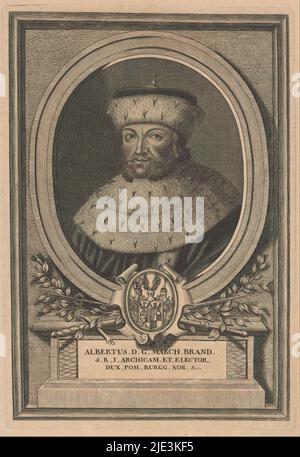 Porträt Albrecht III. Achilles, Kurfürst von Brandenburg, Mitte unter seinem Wappen., Druckerei: Anonym, 1600 - 1699, Papier, Gravur, Ätzung, Höhe 243 mm × Breite 168 mm Stockfoto