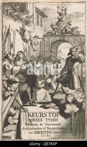 Hinrichtungen auf dem Gerüst, Titelseite für: Lambert van den Bos, Keurstof deses tydts Behelsende de Voornaemste Geschiedenissen von Rampsalicheden der Grooten, 1672, Weist Ein junger Mann auf Hinrichtungen auf dem Gerüst neben einem Mönch mit einem Kreuz hin. Ein Mann steht auf zwei Leichen und hält einen abgetrennten Kopf hoch. Hinter ihnen zwei Männer mit Turbanen, einer von ihnen hält sein Schwert in der Luft. Links wird eine Frau von einem Balkon heruntergeworfen und auf sie geschossen. Im Hintergrund auf einem Bogen sitzt Frau Justice auf einem Thron, umgeben von einer alten Frau und einem jungen Soldaten., Druckerei: Romeyn de Hooghe, (erwähnt auf Objekt Stockfoto
