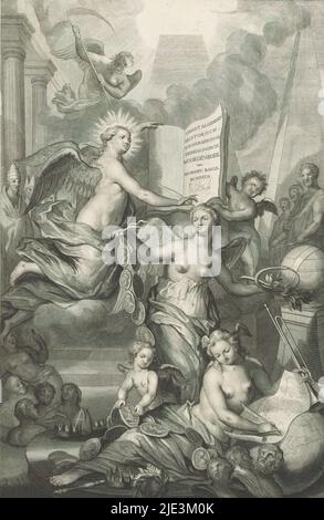 Allegorische Darstellung mit Ruhm, Ewigkeit und Schrift, Titelseite für: David Fransz. Van Hoogstraten und Matthaeus Brouërius van Nidek, große allgemeine historische, geopografische, genealogische, Wortbücher, 1725, Fame ist im Vordergrund und zeichnet eine Karte. Sie blickt auf eine Medaillon-Halskette mit Porträts von Herrschern. Eternity trägt eine Medaillon-Halskette mit Porträts in der einen Hand und dem Zeichen der Unendlichkeit, der Schlange Ouroboros, in der anderen. Auf der linken Seite sitzt schriftlich. Sie schreibt alles in ein Buch, auf dem der Titel des Tomes steht. Um sie herum verschiedene Figuren aus der Geschichte, solche Stockfoto
