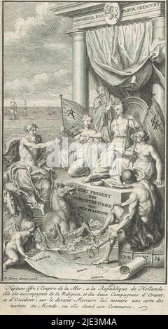 Allegorie der Macht der Republik der sieben Vereinigten Provinzen als Seemraft, Titelseite für: François Michel Janiçon, État présent de la république des Provinces-Unies, 1729-1730, schenkt Neptun seine Dreizack, die die Vorherrschaft auf den Weltmeeren symbolisiert, der Personifizierung der Republik der Sieben Vereinigten Niederlande. Sie hält eine Lanze mit Freiheitshut in der Hand und ist von den Personifikationen der East India Company (VOC) und der West India Company (WIC) umgeben. Rechts zeigt Merkur mit seinem Caduceus auf die Weltkarte, die von einem Putto ausgerollt wird. Im unteren Bereich Stockfoto