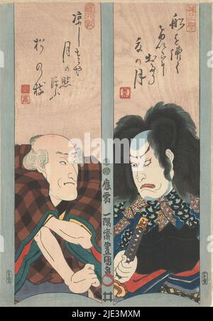 Zwei Schauspieler auf Strophen, zwei Schauspieler, jeweils in einem Rahmen und unter einem Gedicht dargestellt, so dass es wie zwei Gedichtstreifen aussieht, sehen sich an. Rechts, Kabuki-Schauspieler Nakamura Utaemon IV in der Rolle des Bootsmannes Matsuemon. Links Seki Sanjûrô III als Skipper Gonshirô., Druckerei: Utagawa Kunisada (I), (auf Objekt erwähnt), Verleger: Sanoya Kihei, (auf Objekt erwähnt), Japan, c. 1850, Papier, Farbholzschnitt, Höhe 364 mm × Breite 256 mm Stockfoto