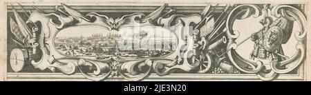 Belagerung des heiligen Martin am Île de Ré, Juli-November 1627 (Grenzarbeit, rechts unten), deffaicte des Anglois (Titel auf Objekt), sechzehnter Abschnitt (Grenzarbeit, rechts unten) eines Abdrucks der Belagerung der Zitadelle des heiligen Martin am Île de Ré von 1627, Durchgeführt von englischen Truppen unter der Führung des Herzogs von Buckingham und beendet von französischen Truppen unter der Führung von Kardinal Richelieu. Auf diesem Blatt, rechts, eine Rüstung und in der Mitte/links eine Darstellung (umgeben von militärischen Attributen) eines Kampfes zwischen englischen und französischen Soldaten., Druckerei: Jacques Callot, Druckerei: Abraham Stockfoto