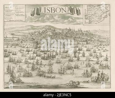 Ankunft der niederländisch-englischen Flotte mit König Karl III. In Lissabon, 1704, Lisbona (Titel auf Objekt), Ankunft der niederländisch-englischen Flotte mit König Karl III. (Erzherzog Karl von Österreich) an Bord in Lissabon, 7. März 1704. Blick auf Lissabon mit den Schiffen der Flotte auf dem Tejo vor der Stadt. Legende oben links, rechts oben ein Einleger mit einer Landkarte von Spanien und Portugal., Druckerei: Anonymous, Verlag: Reinier Ottens (I) & Josua, (auf Objekt erwähnt), Druckerei: Nord-Niederlande, Verlag: Amsterdam, 1704, Papier, Radierung, Gravur, Höhe 425 mm × Breite 534 mm Stockfoto