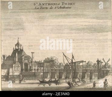 Blick auf die Tweede Sint-Antoniespoort in Amsterdam, St Anthonis Poort / La Porte de St Anthoine (Titel auf Objekt), Blick auf die Tweede Sint-Antoniespoort aus dem Jahr 1636 und die dazugehörige Brücke in Amsterdam, von außerhalb der Stadt gesehen. Nach der vierten Erweiterung und dem Bau des ersten Muiderpoort (1663) hatte dieses Gebäude seine Funktion als Stadttor verloren. 1670 sollte es abgerissen werden. Rückseitig niederländischer Text., Druckerei: Jan Veenhuysen, (zugeschrieben), Verlag: Marcus Willemsz. Doornick, Amsterdam, 1665, Papier, Radierung, Gravur, Buchdruck, Höhe 114 mm × Breite 137 Stockfoto