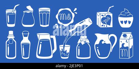 Milch Milchprodukte Symbolsatz. Bauernhof Lebensmittel Joghurt, trinken in Glas, Krug, Flasche oder Karton Paket Linie Zeichen Design. Grafische Elemente für natürliche Milchprodukte. Vektorgrafik Stock Vektor