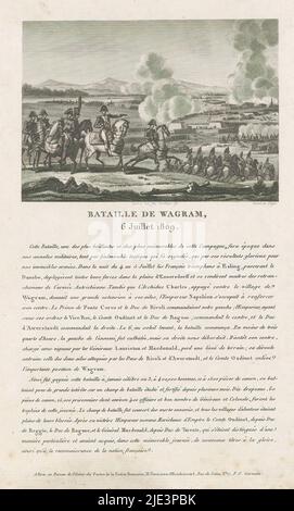 Schlacht von Wagram, 1809, Bataille de Wagram, 6 Juillet 1809 (Titel auf Objekt), die Schlacht von Wagram in Österreich, 5.-6. Juli 1809. Napoleons letzter Sieg. Unter der Platte ein langer Text in französischer Sprache., Druckerei: François Louis Couché, (auf Objekt erwähnt), Druckerei: Pigeot, (auf Objekt erwähnt), Verlag: F. Ternisien d'Haudricourt, (auf Objekt erwähnt), Druckerei: Frankreich, Druckerei: Frankreich, Verlag: Paris, 1809 - 1820, Papier, Radierung, Höhe 281 mm × Breite 210 mm Stockfoto