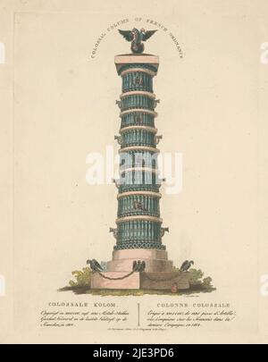 Kolonne in Moskau, 1812, Kolossalkolonne der französischen Ordnance / Kolossalkolonne / Kolossale Kolonne (Titel auf Objekt), Kolossalkolonne in Moskau, errichtet aus 1195 Kanonenstücken, die von den Franzosen im russischen Feldzug 1812 gefangen genommen wurden. Mit Beschriftung auf Niederländisch und Französisch, in zwei Spalten., Druckerei: Christian Anthony Lotter, Verlag: François Joseph Weygand, (auf Objekt erwähnt), Druckerei: Niederlande, Verlag: Den Haag, Sep-1814, Papier, Radierung, Höhe 261 mm × Breite 201 mm Stockfoto