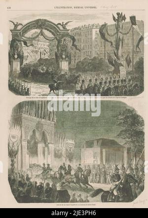 Queen Victoria in Paris, 1855, Passage de la reine d'Angleterre ... / Arrivée de la reine d'Angleterre au château de Saint-Cloud (Titel auf Objekt), zwei Darstellungen des königlichen Besuchs der britischen Königin Victoria bei Napoleon III. In Paris, 18. August 1855. Oben: Die Kutsche führt durch den Triumphbogen, der von den Künstlern der Opéra erbaut wurde. Unten: Ankunft im königlichen Palast Château de Saint-Cloud., Druckerei: Jules Gaildraua, (auf Objekt erwähnt), Druckerei: Ange-Louis Janet, (auf Objekt erwähnt), Frankreich, 1855, Papier, Höhe 364 mm × Breite 255 mm Stockfoto