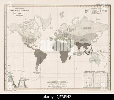 Weltkarte mit der Dichte der Raubtiere nach Gebieten, Geographische Verbreitung und Vertheilung der Raubtiere, Carnivora (Titel auf Objekt), Weltkarte mit der Dichte der Raubtiere nach geografischen Gebieten. Oben links der Titel. Unten links ein Schema von Chimborazo und Mont Blanc. Die Karte hat eine Gradskala entlang der Kanten. Markiert oben rechts: 6TE Abteilung: Geographia der Thiere N.2., Druckerei: Anonym, Verlag: Justus Perthes (uitgeverij), (Objektvermerk), Gotha, 1845 - 1848, Papier, Gravur, Radierung, Höhe 349 mm × Breite 430 mm Stockfoto