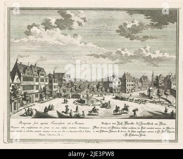 Blick auf den Pferdemarkt oder Hauptmarkt, in Frankfurt am Main, Prospectus fori equini Francofurti ad Moenum (...) / Prospect des Hofs-Marckts z.B. Frankfurth am Maïn (...) (Titel auf Objekt), Blick auf den Pferdemarkt oder Hauptmarkt, in Frankfurt am Main. Rechts oben nummeriert: 7., Druckerei: Georg Daniel Heumann, (möglicherweise), nach Zeichnung von: Salomon kleiner, (auf Objekt erwähnt), Verlag: Johann Andreas Pfeffel (der Ältere), Augsburg, 1738, Papier, Gravur, Ätzung, Höhe 271 mm × Breite 342 mm Stockfoto