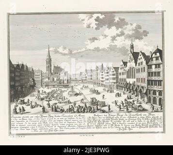 Blick auf Römerberg, Frankfurt am Main, Prospekt montis, qui vulgó Römer-Berg dicitur, Francofurti ad Moenu (...) / Ausblick des Römer-Berges zu Frankfurth am Maïn (...) (Titel auf Objekt), Blick auf Römerberg, Frankfurt am Main. Nummeriert oben rechts: 4., Druckerei: Georg Daniel Heumann, (möglicherweise), nach Zeichnung von: Salomon kleiner, (auf Objekt erwähnt), Verlag: Johann Andreas Pfeffel (der Ältere), Augsburg, 1738, Papier, Gravur, Ätzung, Höhe 270 mm × Breite 341 mm Stockfoto
