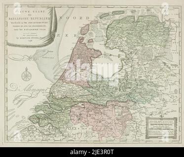 Karte der Batawischen Republik, 1798, Neue Karte der Batawischen Republik, unterteilt in VIII Abteilungen, gemäß dem Gesetz über die staatliche Regelung, für das Batavier Volk (Titel auf Objekt), Karte der Batawischen Republik, unterteilt in acht Abteilungen, gemäß dem Gesetz über die staatliche Regelung vom 23. April 1798. Titelkartusche oben links. Unten rechts zwei Schussstäbe: Hollandsche mylen oder hours gaans / Lieues d'Hollande ou heures de chemin, Gemeene Duitsche mylen / Lieues communes d'Allemagne. Degree Verteilung entlang der Ränder., Druckerei: Anonym, Verlag: Covens & Zoon Mortier, (erwähnt Stockfoto