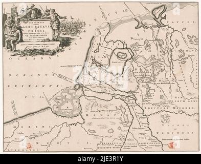 Historische Landkarte der Niederlande mit den Gebieten der Bataver und Friesen, Descriptio veteris agri Batavi et Frisii (...) (Titel auf Objekt), Kartusche oben links mit Titel, um ihn herum Waffen und germanische Krieger (möglicherweise Batavier und Friesen) abgebildet, im Hintergrund eine Kampfszene. Skalenstab unterhalb der Kartusche: Dodrans gradus deu M.P. XLV., Druckerei: Jan Luyken, Menso Alting, (auf Objekt erwähnt), Niederlande, 1697 - 1700 und/oder 1725, Papier, Gravur, Radierung, Höhe 319 mm × Breite 420 mm Stockfoto