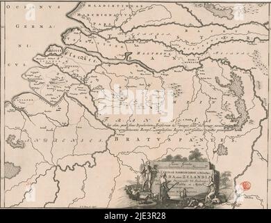 Historische Landkarte der Niederlande mit den Gebieten der Batavier und Friesen, Pars i Frisiae haereditariae cis Mosam quae Wasda, nunc Zelandia (...) (Titel auf Objekt), Karte der friesischen Territorien in den südlichen Niederlanden zu römischer Zeit. Rechts unten Kartusche mit Titel, umgeben von Hirten mit einer Herde Schafe. Maßstab über Kartusche: Triens gradus. Grad entlang der linken und rechten Kanten., Druckerei: Gerrit de Broen (I), (auf Objekt erwähnt), Druckerei: Joseph Mulder, (auf Objekt erwähnt), nach eigenem Entwurf von: Joseph Mulder, (auf Objekt erwähnt), Amsterdam, 1697 - 1700 und/oder Stockfoto