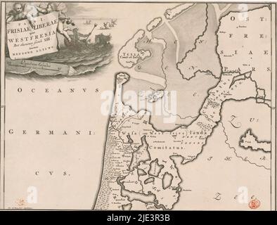 Historische Landkarte der Niederlande mit den Gebieten der Batavier und Friesen, Pars i Frisiae Liberae quae Westfresia (...) (Titel auf Objekt), Karte der friesischen Territorien in Westfriesland in römischer Zeit. Oben links Kartusche mit Titel, oben zwei Putti. Rechts der Kartusche im Hintergrund Neptun und mehrere Tritonen. Skalenstab unterhalb der Kartusche: Quadrans gradus. Grad entlang der linken und rechten Kanten., Druckerei: Gerrit de Broen (I), (auf Objekt erwähnt), Druckerei: Joseph Mulder, (auf Objekt erwähnt), nach eigenem Entwurf von: Joseph Mulder, (auf Objekt erwähnt), Druckerei: Amsterdam, Druck Stockfoto