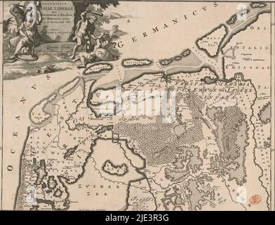 Historische Landkarte der Niederlande mit den Gebieten der Batavier und Friesen, Descriptio Frisiae liberae inter Kinnemum et Amisian (...) (Titel auf Objekt), Karte der friesischen Gebiete im heutigen Holland und Deutschland in römischer Zeit. Oben links Kartusche mit Titel, um Kartusche einen Mann mit Schwert, die niederländische Jungfrau mit einer Lanze, an der der Freiheitshut hängt und Herkules, der einen Mann mit verbundenen Augen besiegt. Skalenbalken unter der Kartusche: Quincunx gradus. Grad entlang der linken und rechten Kanten., Druckerei: Gerrit de Broen (I), (auf Objekt erwähnt), Menso Alting, (auf Objekt erwähnt), Amsterdam Stockfoto