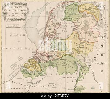 Karte der Republik der sieben Vereinigten Niederlande, der sieben Provinzen der Niederlande (Titel auf Objekt), Kartusche oben links mit Titel. Unten, Maßstab bar: Deutsch Meilen 15 in einem Grad, Englisch Meilen 69,5 in einem Grad. Die Karte ist mit einem Koordinatennetz und einer Gradteilung entlang der Ränder versehen., Druckerei: John Lodge (I), (auf Objekt erwähnt), Druckerei: John Lodge (II), (auf Objekt erwähnt), Druckerei: London, Druckerei: Islington, c. 1780, Papier, Gravur, Höhe 453 mm × Breite 541 mm Stockfoto
