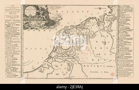 Historische Landkarte der Niederlande mit den Gebieten der Batavier und Friesen, Summaria descriptio Fresiae universae (...) / Algemeene afteekeninge van geheel Friesland (...) (Titel auf Objekt), Karte der Batavianischen und friesischen Gebiete in den Niederlanden und Deutschland in römischer Zeit. Kartusche oben links mit Titel. Neben dem Titel trägt eine männliche Figur eine Krone mit zwei Hörnern, in der einen Hand trägt er einen Hauptmann, in der anderen eine Lanze, an der der Freiheitshut hängt. Im Hintergrund ist eine Frau, die eine Garbe Mais hält (möglicherweise Ceres). Skalenstab unter Kartusche: Als gradus Stockfoto