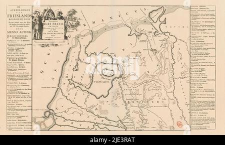 Historische Landkarte der Niederlande mit den Gebieten der Batavier und Friesen, Descriptio agri Frisii Antiqui (...) / Afbeeldinge van Frieslands boodem bij ouds (...) (Titel auf Objekt), Karte der friesischen Gebiete in römischer Zeit. Oben links Kartusche mit Titel, umgeben von Waffen und friesischen Häuptern Verritus und Malorix, im Hintergrund Krieger. Skalenbalken unter der Kartusche: Semis gradus. Links und rechts von Druckstreifen aus Buchdrucktext mit niederländischer Übersetzung des Titels (oben links) und der auf der Karte verwendeten Begriffe., Druckerei: Jan Luyken, Menso Alting, (auf Objekt erwähnt), Niederlande Stockfoto