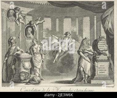 Allegorie der Thronfolge des österreichischen Kaiser Leopold II. Durch seinen Sohn Franz II. Minerva und Justice lehnen sich auf einen steinernen Sockel über ihnen schweben zwei Putti mit den Porträts von Leopold II. Und Franz II. Rechts ist das Grab Leopold II Mit der trauernden Kaiserin, Allegorie der Thronfolge von Leopold II. Consalation de la Monarchie Autrichien sur la mort de l'Empereur Leopold II., Druckerei: Antoine Cardon, (möglicherweise), Druckerei: Antoine Alexandre Joseph Cardon, (möglicherweise), Zeichner: Antoine Brice, (auf Objekt erwähnt), Brüssel, ( Stockfoto