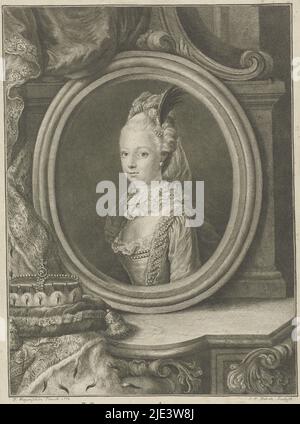 Porträt in oval von Marie-Antoinette, Erzherzogin von Österreich, in halber Länge nach links das Haar ist mit einer Kette von Perlen und Feder auf der linken Seite vor dem Porträt ist eine Krone auf einem Kissen, Porträt von Marie-Antoinette, Erzherzogin von Österreich Maria Antonia Archidux Austriae, Druckerei: Christian Friedrich Fritzsch, (auf Objekt erwähnt), nach: Franz Xaver Wagenschön, (auf Objekt erwähnt), 1770 - 1774, Papier, Radierung, Gravur, H 290 mm × B 199 mm Stockfoto