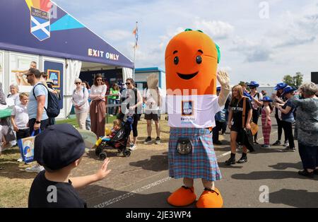 Ingliston, Großbritannien. 24.. Juni 2022. Am zweiten Tag der Royal Highland Show in Ingliston, in der Nähe von Edinburgh in Schottland, Großbritannien, am 24. Juni 2022, wird ein Junge von einem Maskottchen begrüßt. Die 4-tägige Royal Highland Show feiert ihr 200.-jähriges Jubiläum der ersten Show im Jahr 1822. Quelle: Han Yan/Xinhua/Alamy Live News Stockfoto