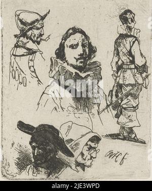 Studienblatt mit Soldaten und einer alten Frau, Willem Pieter Hoevenaar, 1818 - 1863, Studienblatt mit einer Büste eines Mannes mit breitem Faltenkragen in der Mitte. Rechts ein ganzer Soldat von hinten gesehen und links eine Büste eines Soldaten en Profil rechts mit einem Helm auf dem Kopf und einer Pfeife im Mund. Unten ein Kopf einer alten Frau mit einer Brille nach rechts und ein Mann mit einer Baskenmütze nach links., Druckerei: Willem Pieter Hoevenaar, (auf Objekt erwähnt), Utrecht, 1818 - 1863, Papier, Ätzung, H 86 mm × B 70 mm Stockfoto