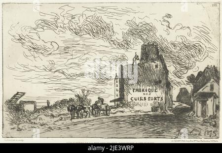 Abrissarbeiten in der Rue des Francs-Bourgeois Saint Marcel, Johan Barthold Jongkind, 1873, Ein Mann zerstört ein Fabrikgebäude. Vor dem Gebäude ist ein Wagen mit zwei Pferden davor., Druckerei: Johan Barthold Jongkind, (auf Objekt erwähnt), Johan Barthold Jongkind, (auf Objekt erwähnt), Verlag: Alfred Cadart, (Auf Objekt genannt), Paris, (möglicherweise), 1873, Papier, Ätzung, H 161 mm × B 242 mm Stockfoto