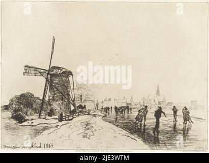Ansicht von Maassluis, Johan Barthold Jongkind, 1862, Wasserableiter auf dem Eis eines Kanals, auf dem eine Mühle steht. In der Ferne das Profil einer Stadt (Maassluis)., Druckerei: Johan Barthold Jongkind, (auf Objekt erwähnt), Drucker: Auguste Delâtre, (auf Objekt erwähnt), Verlag: Frederick Goulding, (Möglicherweise), Druckerei: Paris, Drucker: Paris, Verlag: London, 1862, Papier, Radierung, H 235 mm × B 322 mm Stockfoto