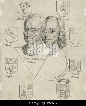 Porträts von Joannes Baptista van Helmont und Franciscus Mercurius van Helmont mit acht Wappen, Cornelis de man, 1648, den Leitern des Schriftstellers, Alchemisten und Arztes Joan Baptista van Helmont und seines Sohnes Franciscus Mercurius van Helmont, umgeben von acht Wappen. Die Köpfe jeweils auf einer geometrischen Form, links ein Dreieck und rechts ein Kreis, auf dem ihre Namen., Druckerei: Cornelis de man, unbekannt, 1648, Papier, Radierung, H 183 mm × B 140 mm Stockfoto