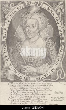 Büstentorträt von Anna von Dänemark, Königin von England, Simon van de Passe, 1617, Büstentorträt von Anna von Dänemark, Gemahlin von König James I. von England. In der linken Hand hält sie einen Fächer. Oben links das kombinierte Wappen von England und Dänemark. Im Rahmen des Rahmens der Name und die Funktion der Person dargestellt in Latein. Am Rand ein zehnzeiliges Lobgedicht auf Englisch., Druckerei: Simon van de Passe, (erwähnt auf Objekt), Hen. Farley, (erwähnt auf Objekt), Herausgeber: John Sudbury & George Humble, (erwähnt auf Objekt), London, 1617, Papier, Gravur, H 185 mm × B 116 mm Stockfoto