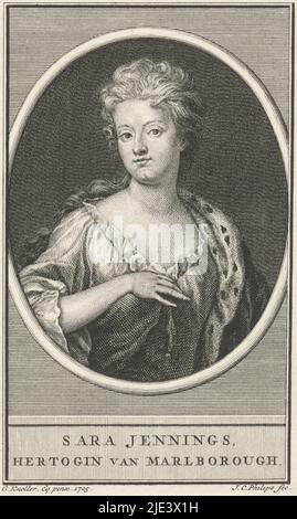 Porträt von Sarah Churchill (geb. Jennings), Jan Caspar Philips, nach Gottfried Kneller, 1736 - 1775, Porträt von Sarah Churchill (geb. Jennings), Herzogin von Marlborough., Druckerei: Jan Caspar Philips, (auf Objekt erwähnt), nach: Gottfried Kneller, (auf Objekt erwähnt), Amsterdam, 1736 - 1775, Papier, Gravur, H 136 mm × B 84 mm Stockfoto