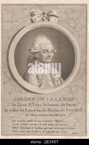 Porträt von Jerome de Lalande, François Robert Ingouf, nach André Pujos, 1774, Druckerei: François Robert Ingouf, (auf Objekt erwähnt), Zeichner: André Pujos, (auf Objekt erwähnt), Verleger: Jean Lattré, (auf Objekt erwähnt), Druckerei: Frankreich, Verlag: Paris, 1774, Papier, Gravur, H 141 mm - B 96 mm Stockfoto