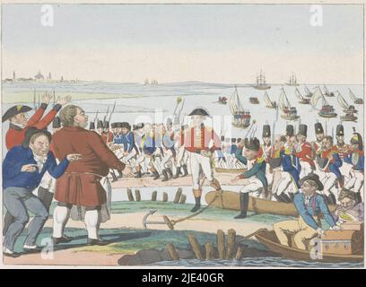 Napoleon als Gefangener in England, c. 1814, anonym, 1814 - 1815, Karikatur über Napoleon, in dem Napoleon und seine französischen Truppen als Gefangene britischer Soldaten in England an Land gebracht werden. An Land werden sie von lächelnden Engländern empfangen. Karikatur zum Fall Napoleons, ca. 1814-1815., Druckerei: Anonym, Deutschland, 1814 - 1815, Papier, Ätzung, H 184 mm × B 258 mm Stockfoto