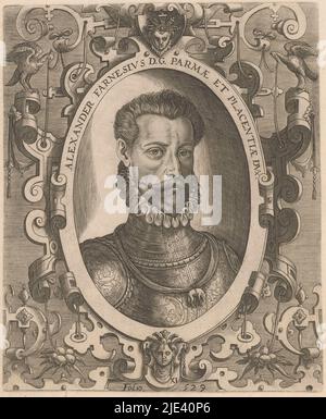 Porträt von Alexander Farnese, Herzog von Parma, Niccolò Nelli, 1569, Porträt von Alexander Farnese in der Kette des Ordens vom Goldenen Vlies, eingerahmt von einem Oval, umgeben von manieristischen Dekorationsmotiven. Nummerierte untere Mitte: XI/ Folio. 529., Druckerei: Niccolò Nelli, Venedig, 1569, Papier, Gravur, Ätzung, H 206 mm - B 169 mm Stockfoto