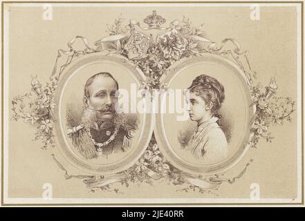 Porträts des Ehepaares Prinz Heinrich und Prinzessin Maria, anonym, 1879 - 1880, Medaillon Porträts von Prinz Heinrich und Prinzessin Maria von Preußen. Teil des Andenkens zur Hochzeit am 24. August 1878, bestehend aus einer Serie von acht Drucken sowie einem beiliegenden Booklet., Druckerei: Anonym, Drucker: Emrik & Binger, Niederlande, 1879 - 1880, Papier, H 155 mm × B 240 mm Stockfoto